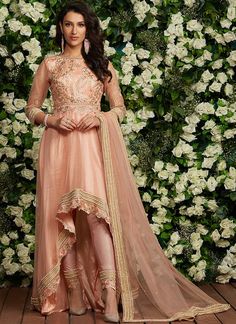 Peach Colour Combinations Indian Dress, Peach Colour Kurti, High Low Anarkali, Peach Colour Combinations, Suit Punjabi, Punjabi Fashion, Nikkah Dress, Peach Colour, Punjabi Outfits