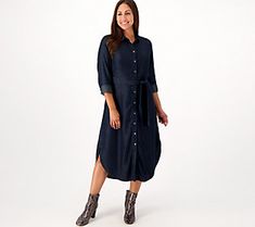 Take that shirt-dress look you love to new lengths! This belted and buttoned beaut kisses the leg at mid calf, gracing it with right-on-trend appeal. Gorgeous gathering at the back yoke along with a gently curved hemline add head-turning interest to this fun frock that's ready for any adventure. From Side Stitch. Chic Knee-length Belted Dress For Fall, Casual Belted Knee-length Dress, Collared Dresses With Belted Cuffs For Fall, Daywear Belted Knee-length Midi Dress, Knee-length Belted Midi Dress For Daywear, Spring Knee-length Midi Dress With Belted Cuffs, Fall Collared Dress With Belted Cuffs, Fitted Shirt Dress With Belted Cuffs For Spring, Fitted Belted Shirt Dress For Fall