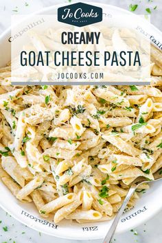 creamy goat cheese pasta in a white bowl