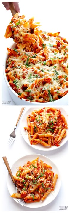 two plates filled with different types of food on top of a white tablecloth, and the same plate is full of cheesy pasta