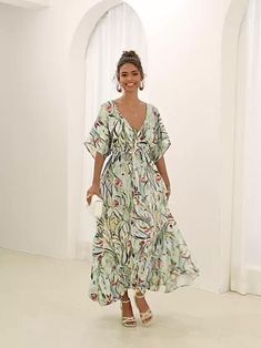 Season:Summer; Fabric:Polyester; Sleeve Length:Short Sleeve; Gender:Women's; Style:Stylish,Tropical,Bohemia,Elegant; Occasion:Date,Vacation,Daily,Beach; Fit Type:Loose Fit; Dresses Type:Boho Chic Dresses,A Line Dress,Swing Dress; Pattern:Floral; Design:Split Thigh; Neckline:V Neck; Sleeve Type:Flutter Sleeve; Brand:Ador; Front page:FF; Listing Date:05/17/2024; Bust:null; Length:null; Waist:null; Fit US Size:null; Fit UK Size:null; Fit EU Size:null; Dress Length Type:Midi Dress; Print Type:Print Flowy V-neck Beach Dress, Bohemian Chiffon Spring Dress, Spring Bohemian Chiffon Dress, Summer Green Chiffon Dress, Green Chiffon Summer Dress, Summer V-neck Beach Dress For Garden Party, Summer Style Chiffon Beach Dress For Spring, Chiffon Summer Beach Dress For Spring, Chiffon Beach Dress For Spring And Summer