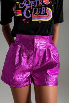 Be the life of the party with our Fuchsia Metallic Shorts with Front Dart. These shorts feature a regular fit and a metallic finish, perfect for a dazzling and vibrant party look. Crafted from 80% polyamide and 20% polyester, they offer a lightweight woven fabric that combines comfort and style with a touch of shimmer. With a high waist rise and elastic waist, they provide a flattering and comfortable silhouette. The zip fastening adds functionality and style to the shorts. Whether for a night o Sequin High Waisted Shorts, Luxury Multicolor Sequined Sets, Fucsia Short Dress, Hot Pink Top Leather Pants, Shine Shorts, Party Shorts, Mens Lightweight Jacket, Metallic Shorts, Dressy Sandals