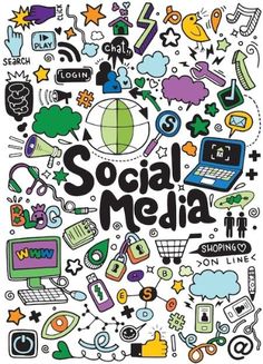 the words social media surrounded by doodles and other things in black and white on a white background