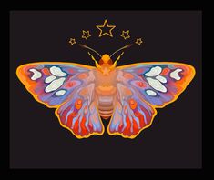 an orange and blue butterfly with stars on it's back end, against a black background