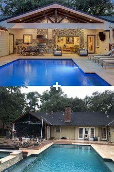 before and after pictures of a pool house with an outdoor living area in the background