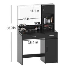 an image of a black and white desk with measurements for the top drawer, bottom shelf and bottom cabinet