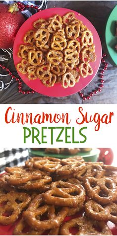 cinnamon sugar pretzels on a red plate with christmas decorations in the background and text overlay