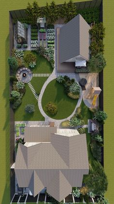 an aerial view of a house with lots of trees and bushes on the lawns