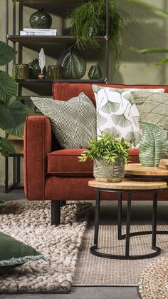 a living room filled with lots of green plants and pillows on top of a red couch