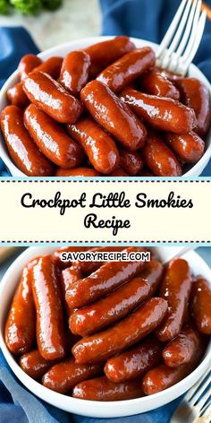 two bowls filled with crockpot little smokies on top of a blue cloth