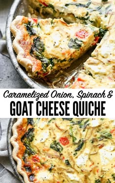 a close up of a quiche with cheese and spinach on it in a pan