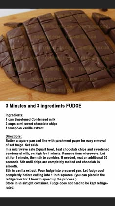 three minutes and 3 ingredients fudge chocolate bar on a cutting board with instructions to make it