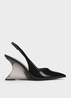 Black Patent Sculptural Slingback Wedges | CHARLES & KEITH Classy Shirt Dress, Shoe Closets, Sculptural Heels, Chanel Wedges, Chic Desk, Wedges Heels, Designer High Heels, Faux Leather Heels, Wedge Pumps