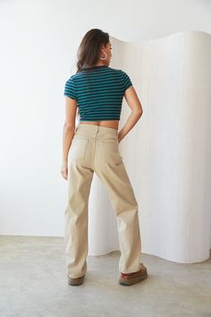 Can't go wrong with the Drew High-Rise Wide Leg Jeans! These trendy tan pants feature a lightweight denim material with a flattering high waist and roomy wide leg fit. Pair with the Justine Striped Baby Tee to complete this effortlessly cool look! Details 100% Cotton Contrast stitch detail Double front and back pockets Zipper fly with button closure Belt loops Material has no stretch Hand wash cold / hang dry Contrast Stitch Pants, Stitch Pants, High Rise Wide Leg Jeans, Tan Pants, Denim Material, Contrast Stitch, Baby Tee, Wide Leg Jeans, Infant Tees