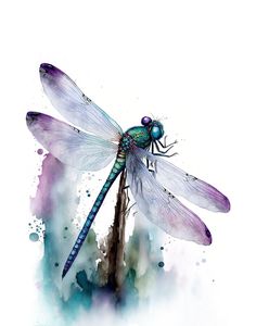 a painting of a dragonfly sitting on top of a tree branch with watercolor splashs