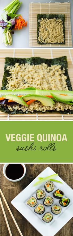 sushi rolls with veggie quinoa on top and chopsticks next to them