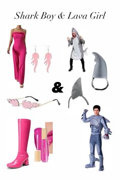 the shark boy and lava girl costumes are all in pink, blue, and grey