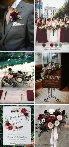 the wedding party is all dressed up in burgundy and green colors, including red flowers