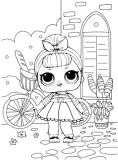 the littlest doll is standing in front of a building and holding a flower pot