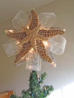 a starfish hanging from the ceiling with lights on it's head and bottom