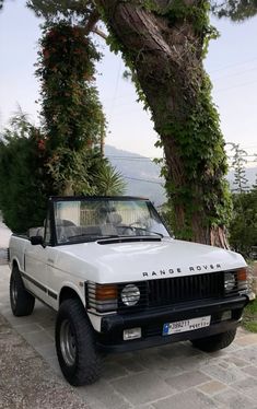 a white pick up truck parked next to a tree