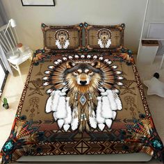 Native American Bedding Set, Wolf Feathers Native American Bedding Set, Native Bed SetThe Bedding Set is the epitome of comfort and style for your bedroom. Crafted from high-quality materials, it offers a luxurious and cozy sleep experience. With a variety of colors and patterns to choose from, it effortlessly complements your bedroom decor. The set... Wolf Dreamcatcher, Native American Quilt, Bed Quilts, Wolf Totem, Native American Wolf, American Quilt, Patterned Bedding, Wolf Spirit, Blanket Cover