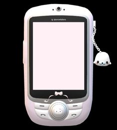 a white cell phone with a chain attached to it's front and back sides