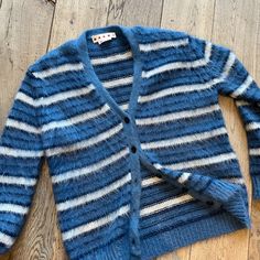 Excellent Condition, Worn Less Than 5 Times Freshly Dry Cleaned Upon Purchase Women's Size 42 Italian Sizing (Us Size 6/S/M) Marni Mohair Cardigan Blue Striped Long Sleeve With V-Neck Button Closure At Front Designer Blue Sweater For Fall, Designer Blue Sweater For Winter, Marni Mohair, Mohair Cardigan, Blue Cardigan, Striped Long Sleeve, Blue Stripes, Sweaters & Cardigans, Sweaters For Women