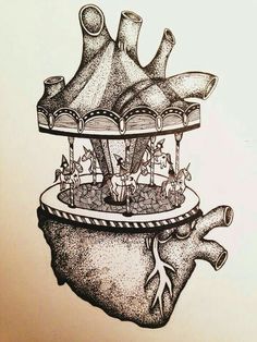 a drawing of a carnival ride in the shape of a human heart with horses on it