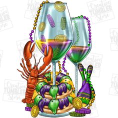 two wine glasses filled with different types of food next to each other on a white background