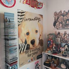 there is a dog poster on the wall next to many other pictures and magnets