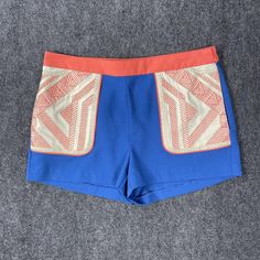 Anthropologie Champagne & Strawberry Embroidered Straight Short Blue Sz S Nwt. Blue Embroidered Shorts For Spring, Blue Embroidered Cotton Shorts, Fitted Blue Embroidered Bottoms, Fitted Embroidered Blue Bottoms, Embroidered Blue Bottoms For Beach, Painted Shorts, Dressy Shorts, Bow Shorts, Polka Dot Shorts