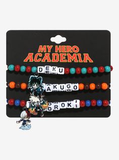 My Hero Academia Trio Bead Bracelet Set | Hot Topic My Hero Academia Diy Crafts, Trio Kandi Bracelets, My Hero Academia Bracelet, Mha Bracelet Ideas, Bakugo Bracelet, Mha Earrings, My Hero Academia Trio, Trio Friendship Bracelets, Mha Bracelet