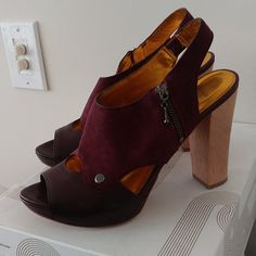 Beautiful Sling-Back, Peep Toe Heels In A Luscious Wine Color. Side Zipper, Rivets On Either Side Of Keyhole Opening In Leather And Suede. Wood 4" Heel. Tried On, Never Worn Outside Of The Closet. Burgundy Leather Heels For Evening, Burgundy Leather Heels For Party, Burgundy Leather Heels With Heel Strap, Burgundy Open Heel Shoes With Strap, Red Open Heel Mules With Wooden Heel, Leather Slip-on Heels With Red Sole, Red Leather Slip-on Heels, Red Slip-on Leather Shoes With Removable Insole, Morrison Shoes