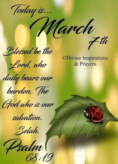 a poster with a ladybug sitting on top of a green leaf and the words, today is march 7th