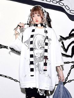 This price is for a T-shirt only, others are not included.   	 		 			Size 			Free Size 		 		 			Full Length 			81 		 		 			Bust 			158 		 		 			Shoulders 			79 Oversized Crew Neck Top With Anime Print, White Harajuku Streetwear Tops, White Harajuku Style Tops For Streetwear, White Harajuku Style Cotton T-shirt, White Harajuku Shirt With Graphic Print, White Harajuku Style Graphic T-shirt, White Harajuku Graphic Print T-shirt, White Long Sleeve T-shirt With Anime Print, White Anime Print Crew Neck Top