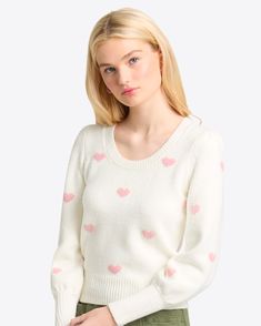 Puff Sleeve Heart Sweater in White – Draper James Heart On Your Sleeve, Heart Cardigan, Dresses Date Night, Clothing Pieces, Heart Sweatshirt, Draper James, Heart Sweater, Mini Dress Casual, Casual Sweaters