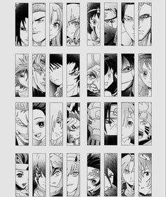 an anime storyboard with many different faces and eyes, all in black and white