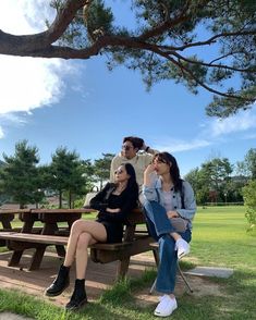 three people sitting on a park bench under a tree