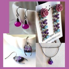 three pictures of different jewelry items including earrings, necklaces and earring hooks with flowers on them