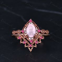 6x8mm Filigree Oval Cut Rose Quartz Halo Engagement Ring Set Vintage Pink Tourmaline Ring Gemstone Wedding Bridal Set Art Deco Promise Ring Gift Side stones: pink tourmaline, Moissanite This ring can also be made in genuine solid 10k, 14k, 18k gold or Platinum, and all the rings in my shop can be customized too! If you want to know more details about the ring, just contact with me anytime! If you want to customize the ring, just contact with me anytime! If you want to make a custom jewelry, just contact with me anytime! PROCESS TIME AND SHIPPING It usually takes about 3-4 weeks to finish the ring and 4-6 days to deliver to you if you are in US. (Free Shipping within US!) We will offer you the tracking number once your ring is shipped. WARRANTY 30 days money back guarantee! If you have any Pink Crystal Wedding Ring With Center Stone, Pink Fine Jewelry Crystal Ring For Wedding, Art Deco Pink Wedding Ring, Pink Halo Ring With Gemstone For Gift, Pink Crystal Ring With Halo Setting For Wedding, Halo Engagement Ring Set, Gemstone Wedding, Shiny Rings, Halo Engagement Ring Sets