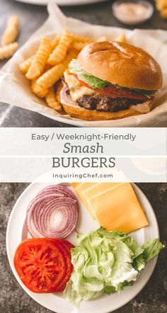 a hamburger and french fries on a plate with the words easy / weeknight - friendly smash burgers