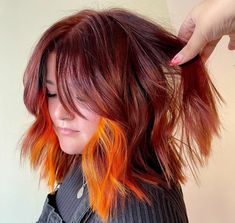 Brunette And Copper Hair, Orange Peekaboo, Short Burgundy Hair, Apple Food, Calico Hair, Natural Dark Hair, Hidden Hair Color, Choppy Cut