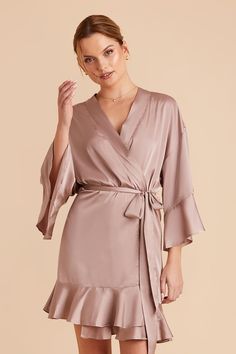 These gorgeous ruffle satin robes are perfect to get ready in. Availabke in Mauve Taupe. Equal parts sweet and flirty, these ruffled satin robes will make your bridal suite moment unforgettable. | Mauve Taupe Getting Ready Georgette Size XL/2XL | Birdy Grey Kenny Ruffle Satin Robe Sleepwear & Loungewear, Bridal Suite, Satin, Lounge Wear, Grey