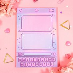 a pink sticker with an image of a keyboard on it next to flowers and confetti