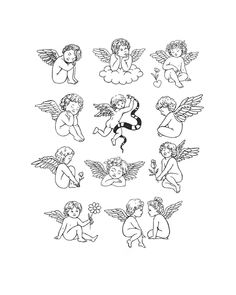 black and white drawing of angels with wings in different positions on a white background, set of nine