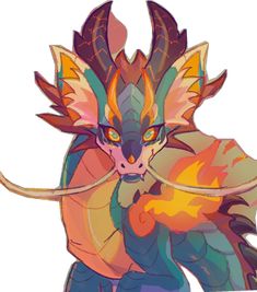 a drawing of a dragon with orange and blue colors on it's face, holding a string in its mouth