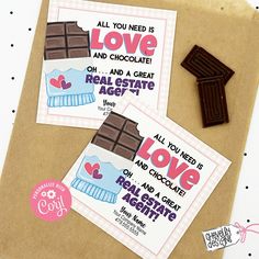 three valentine's day cards with chocolate on them