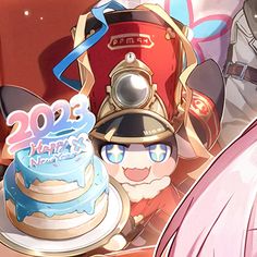 two anime characters are next to a birthday cake