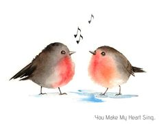 two birds are standing next to each other with music notes coming out of their beaks